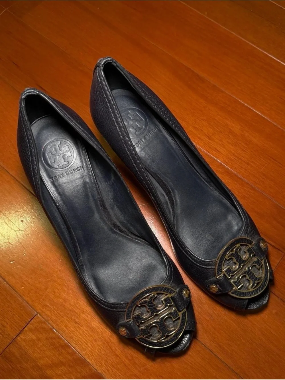 Tory Burch Navy Blue Leather Wedge Pumps